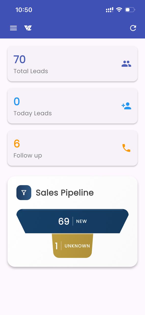 ViveLead Mobile App - Dashboard with Sales Pipeline