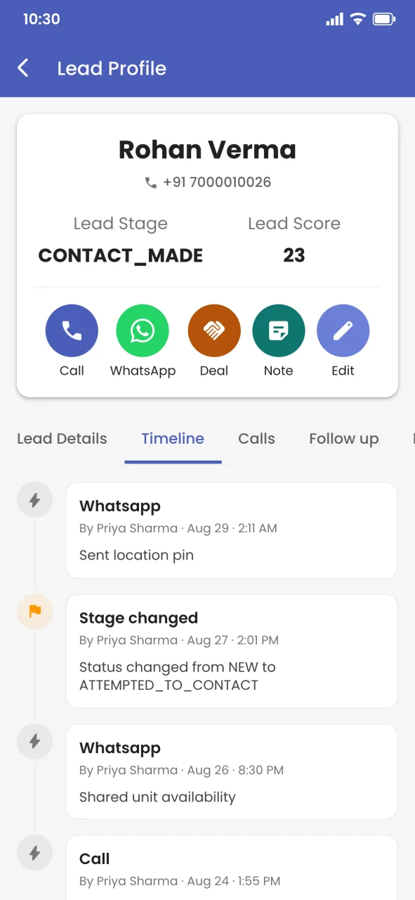 Lead timeline on iPhone ViveLead iOS app: a lead's timeline of WhatsApp messages, calls and stage changes