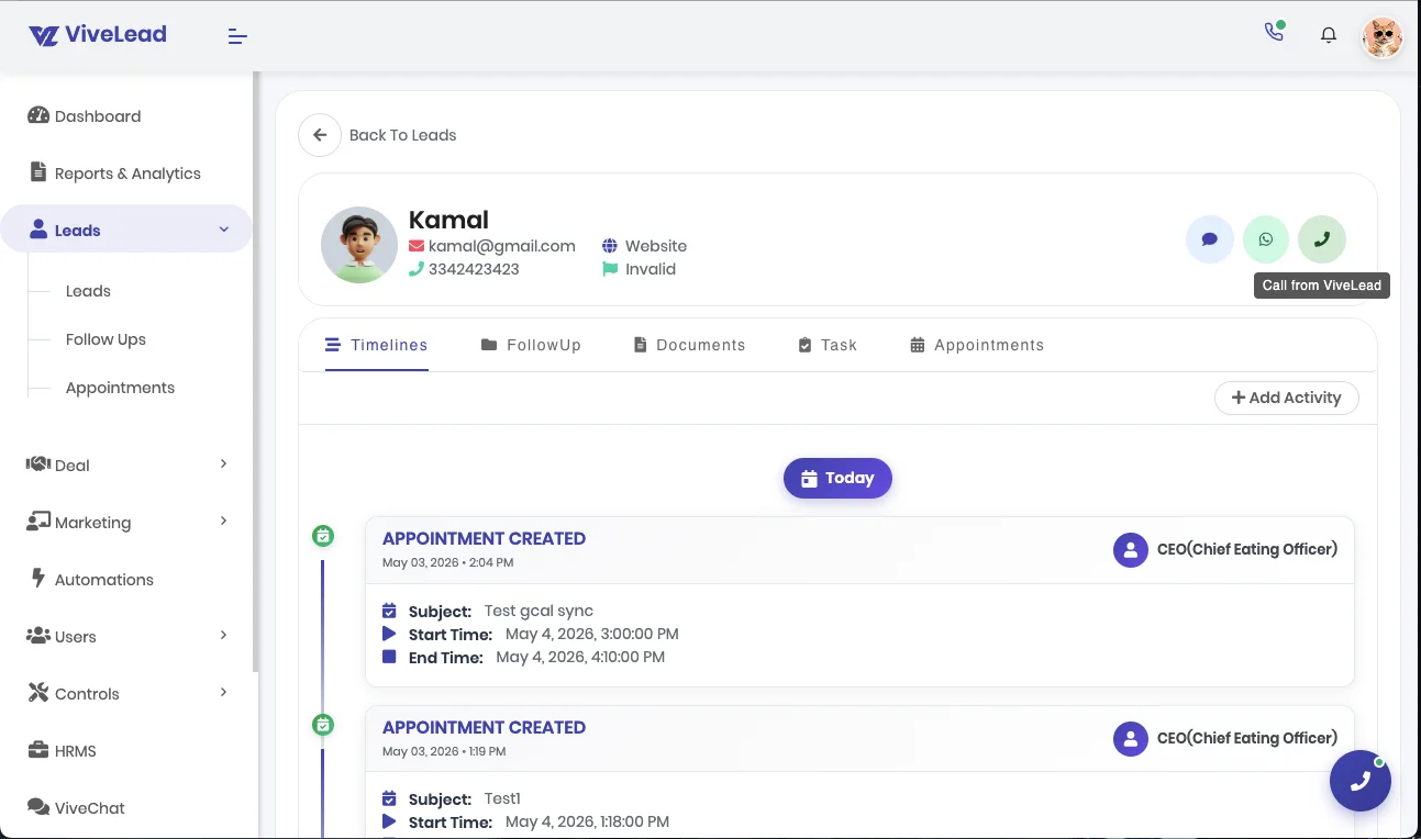 ViveLead CRM lead detail page showing the green click-to-call icon next to the lead&rsquo;s phone number