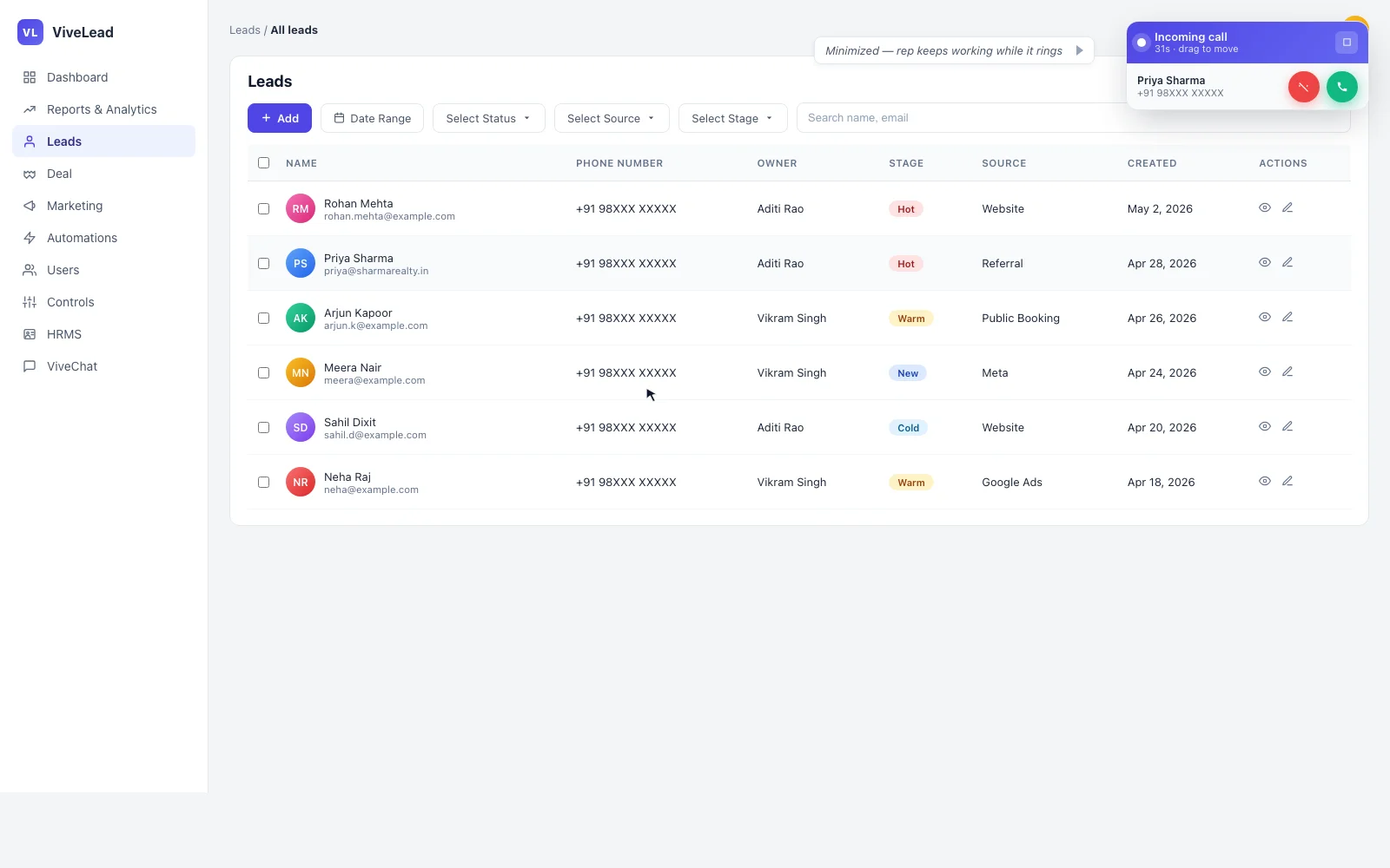 Minimized incoming call pill in the corner of ViveLead CRM, with the leads list fully usable behind it
