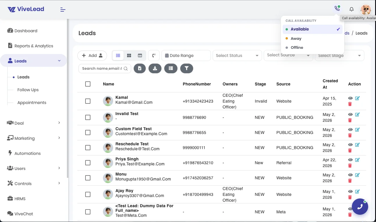 ViveLead CRM header showing the agent availability dropdown with Available, Away, and Offline options