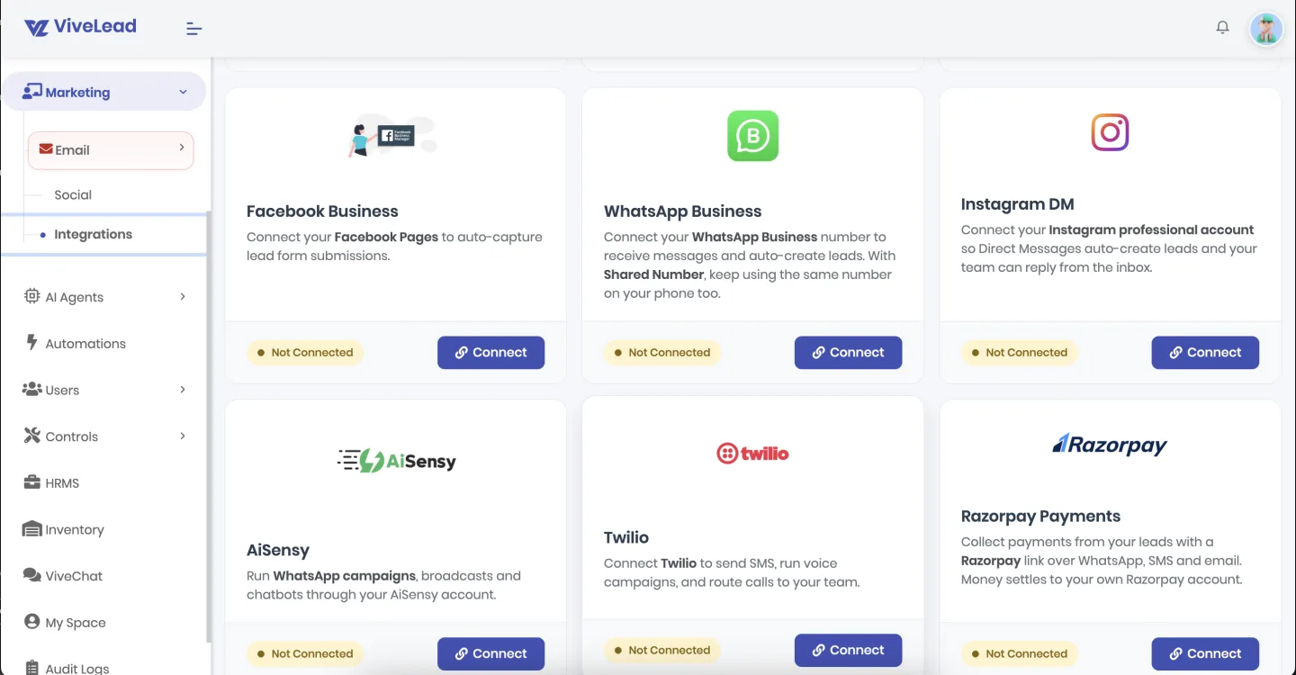 The Integrations page in ViveLead with the Facebook Business card showing Not Connected and a Connect button