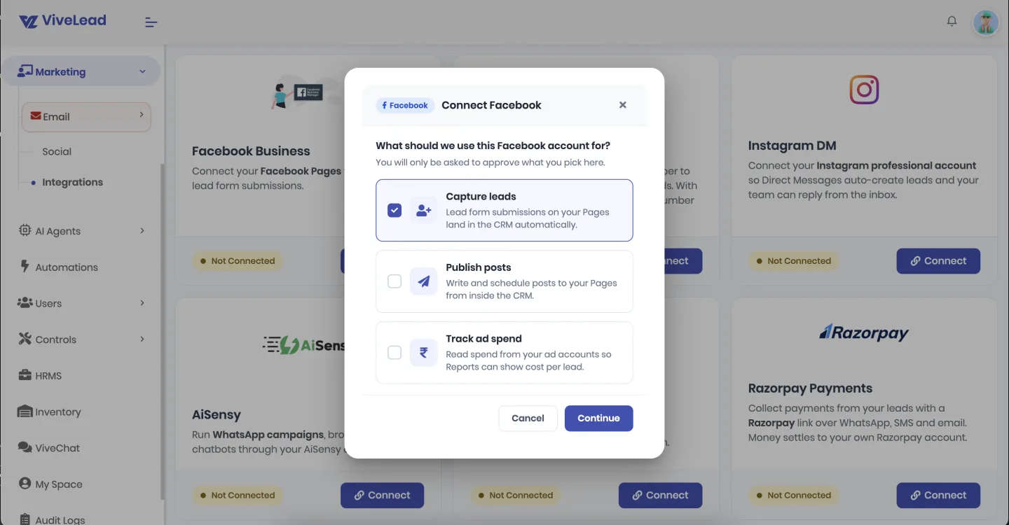 The Connect Facebook dialog asking what the account is for, with Capture leads ticked and Publish posts and Track ad spend left unticked