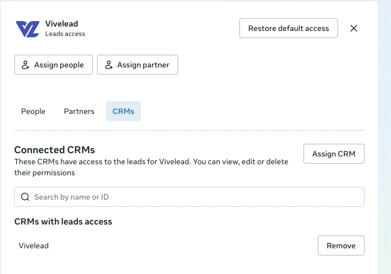 Meta&rsquo;s Leads access settings on the CRMs tab, with ViveLead listed under CRMs with leads access