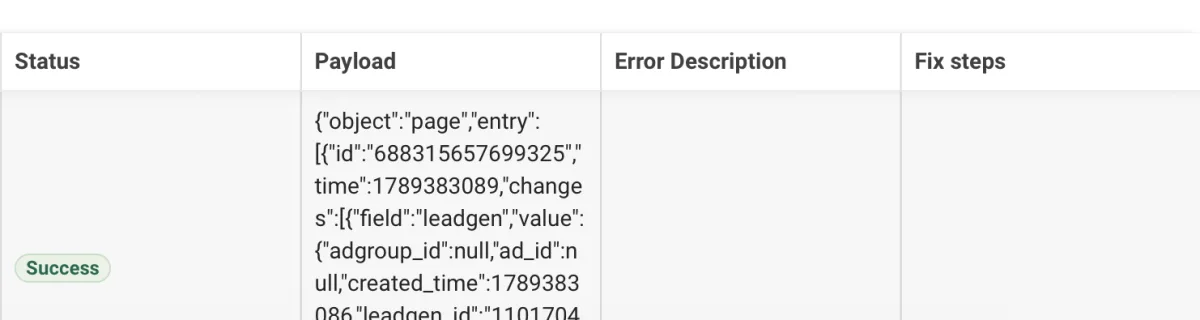The Lead Ads Testing Tool results table showing a Status of Success next to the delivered lead payload