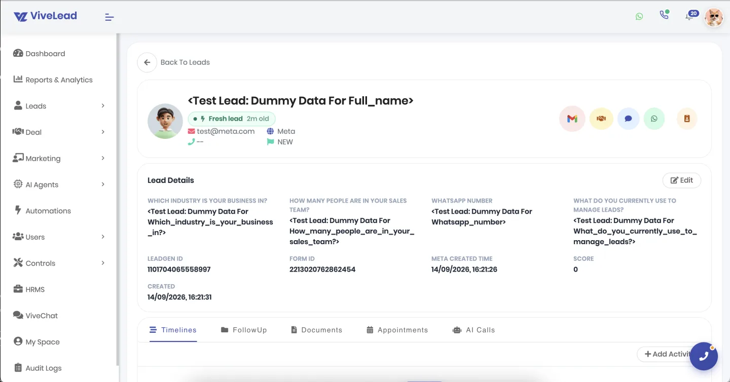 A test lead open in ViveLead showing its source as Meta, with the lead form answers listed under Lead Details
