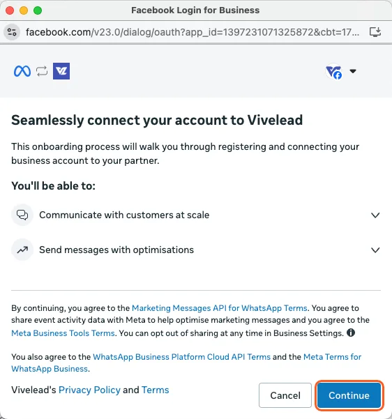 Meta’s window, titled Facebook Login for Business, on its first screen: Seamlessly connect your account to Vivelead. Outlined: Continue