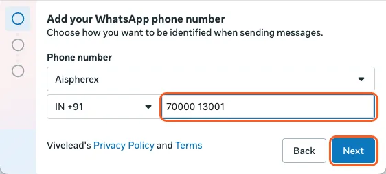 Add your WhatsApp phone number, with IN +91 and the number typed in. Outlined: the number and Next