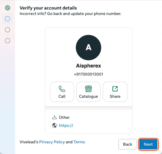 Verify your account details, showing the WhatsApp Business profile Aispherex with its number, and Call, Catalogue and Share. Outlined: Next