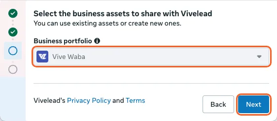 Select the business assets to share with Vivelead, with a Business portfolio picked. Outlined: Business portfolio and Next