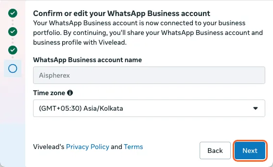 Confirm or edit your WhatsApp Business account, with the account name filled in and Time zone set to Asia/Kolkata. Outlined: Next
