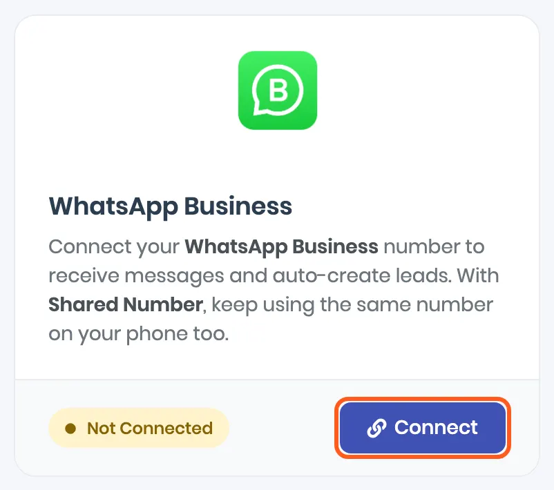 The WhatsApp Business card on the Integrations page, reading Not Connected, with the Connect button outlined