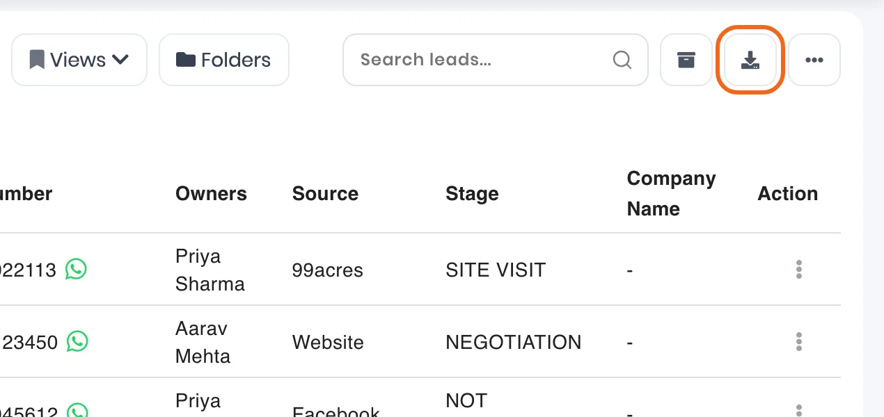 The Leads toolbar with Views, Folders, Search leads, the archive button, the download button and More actions, above a list of leads owned by Priya Sharma and Aarav Mehta. Outlined: the download button