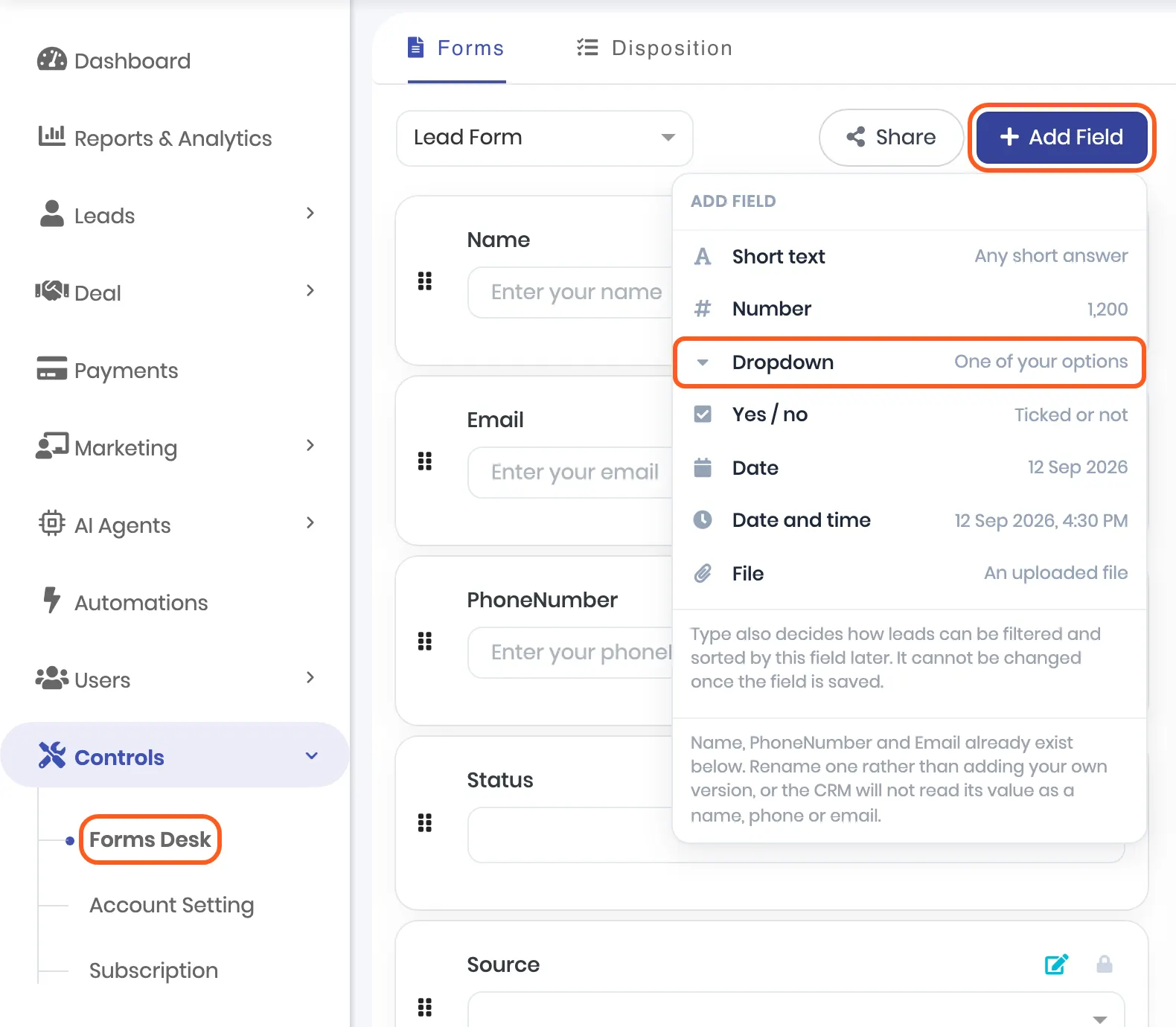 Forms Desk with Lead Form selected and the Add field menu open, listing Short text, Number, Dropdown, Yes / no, Date, Date and time and File. Outlined: Forms Desk in the sidebar, Add Field, and Dropdown