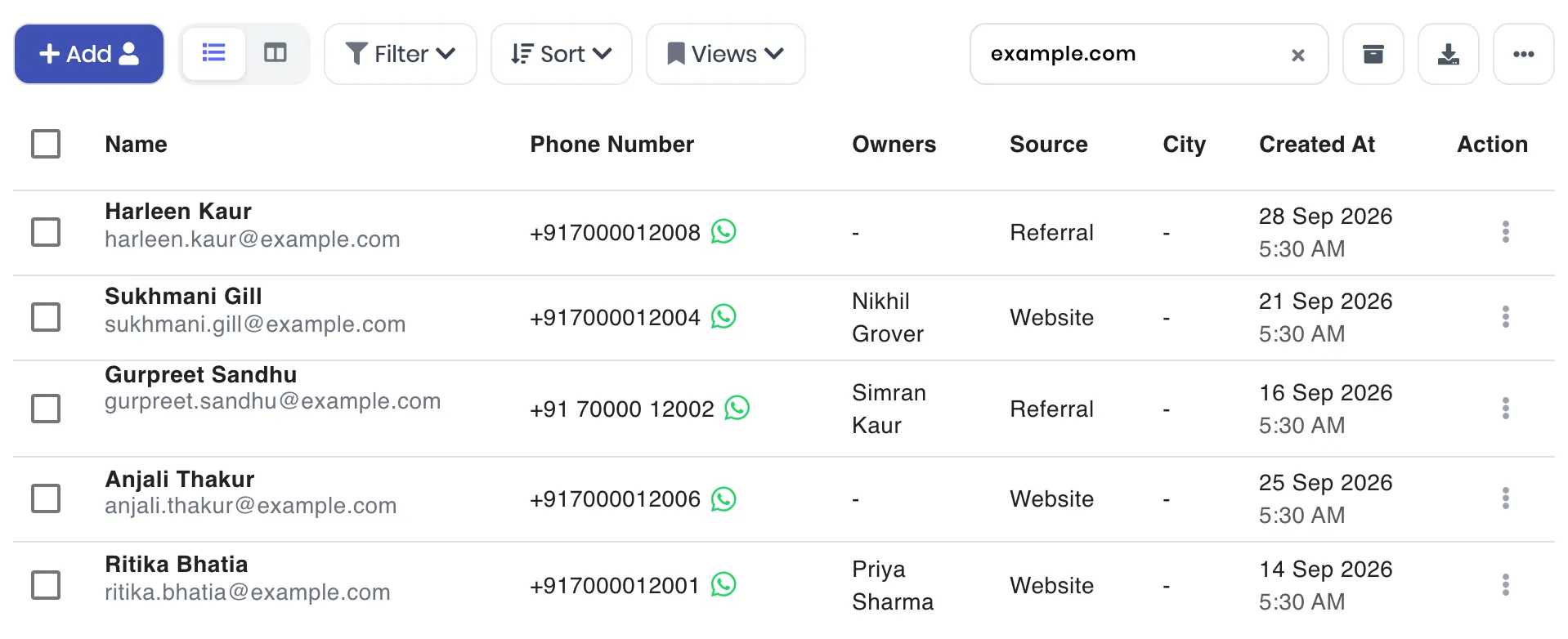 The lead list searched for example.com, showing the five imported leads with their owners, sources and created dates from 14 to 28 September 2026. Anjali Thakur and Harleen Kaur have no owner