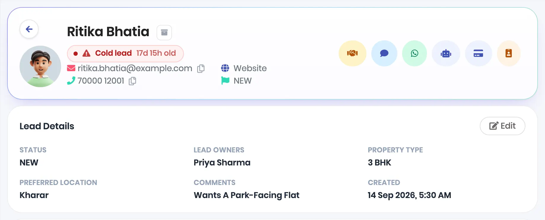 Ritika Bhatia’s lead page. Lead Details shows Lead Owners Priya Sharma, Property Type 3 BHK, Preferred Location Kharar, Comments and Created 14 Sep 2026