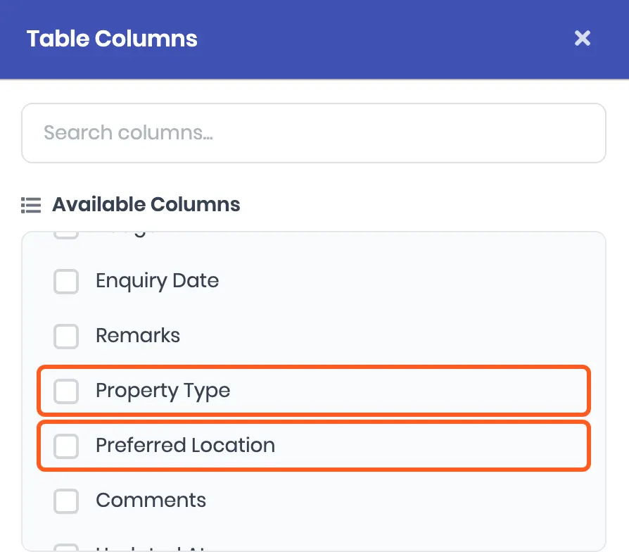 The Table Columns panel. Outlined: Property Type and Preferred Location, not yet ticked