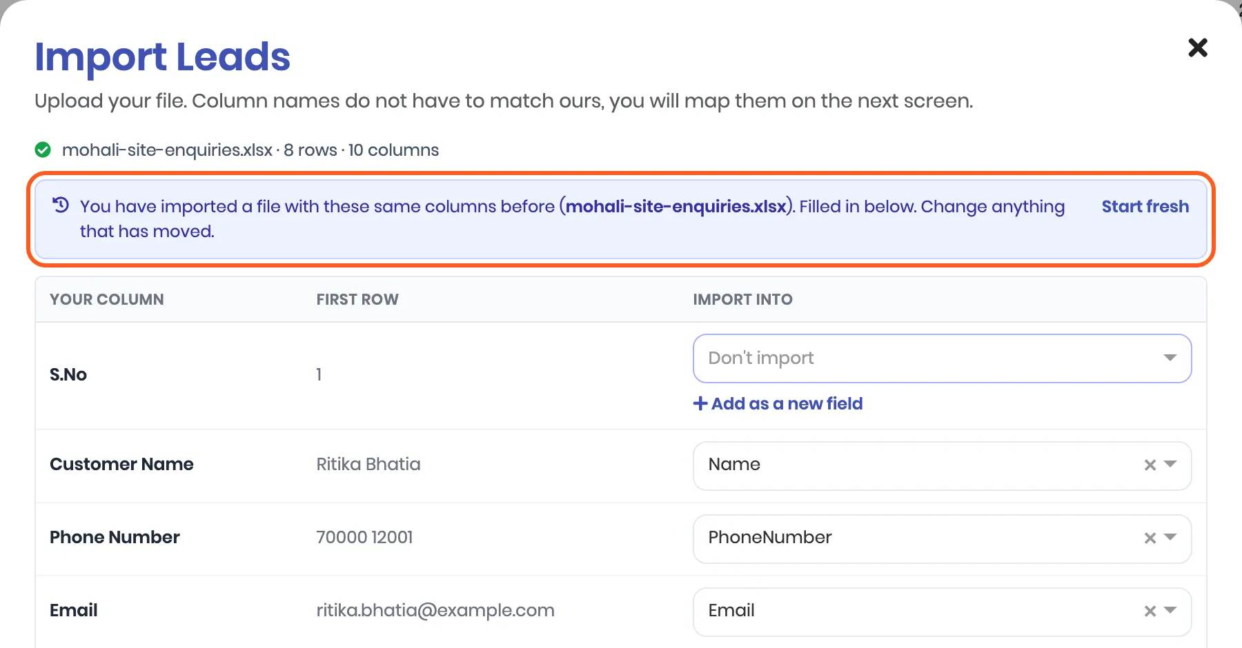 The mapping screen for the same sheet a second time, with the note: You have imported a file with these same columns before (mohali-site-enquiries.xlsx). Filled in below. Outlined: that note