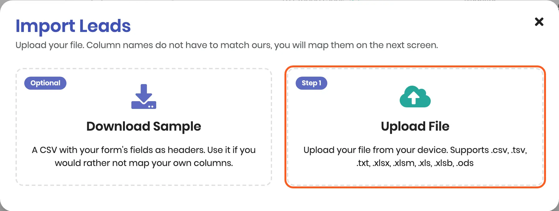 The Import Leads screen with two cards, Download Sample marked Optional and Upload File marked Step 1. Outlined: Upload File
