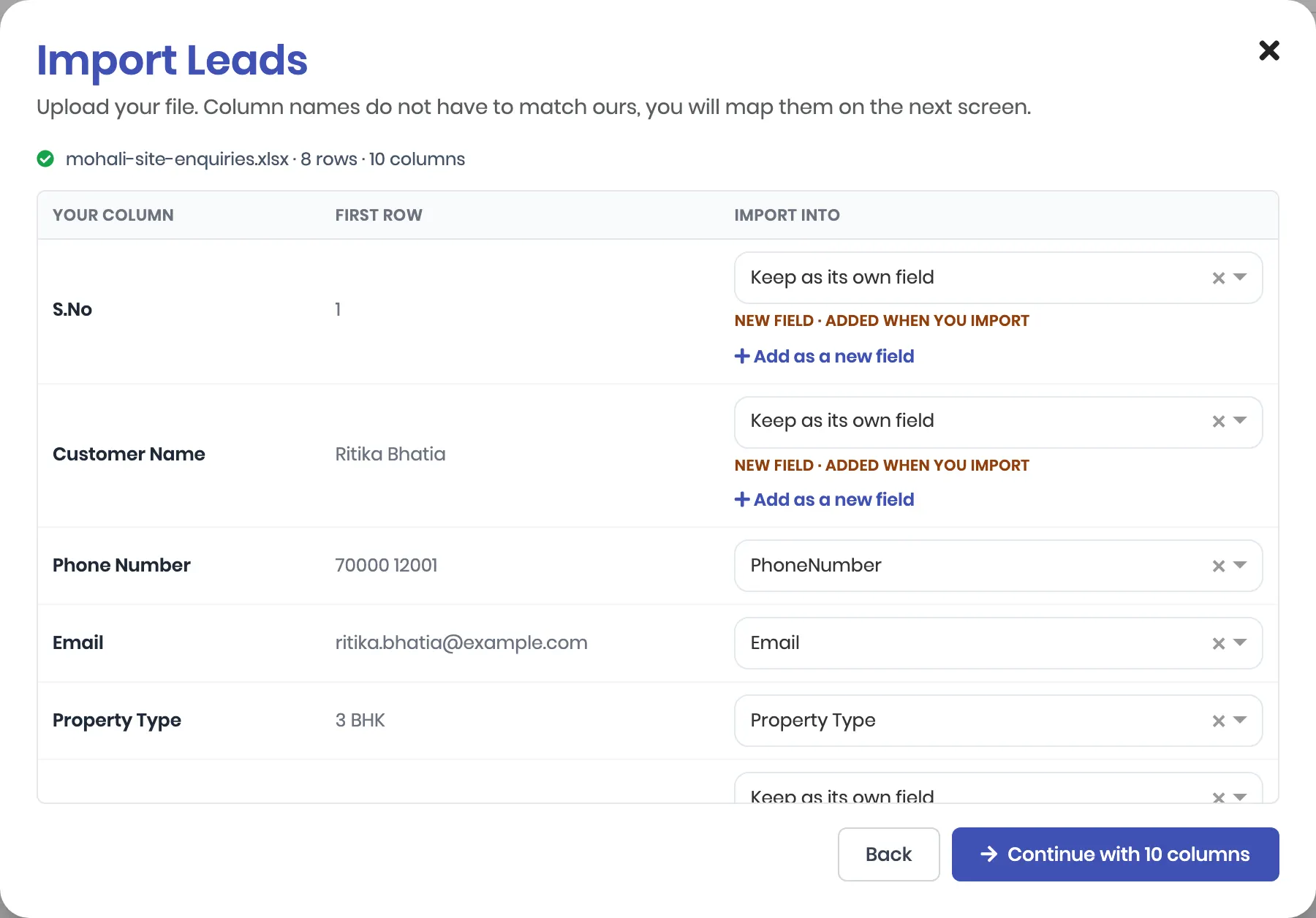 The mapping screen as it opens. S.No and Customer Name are on Keep as its own field with the note New field, added when you import. Phone Number, Email and Property Type are matched to PhoneNumber, Email and Property Type