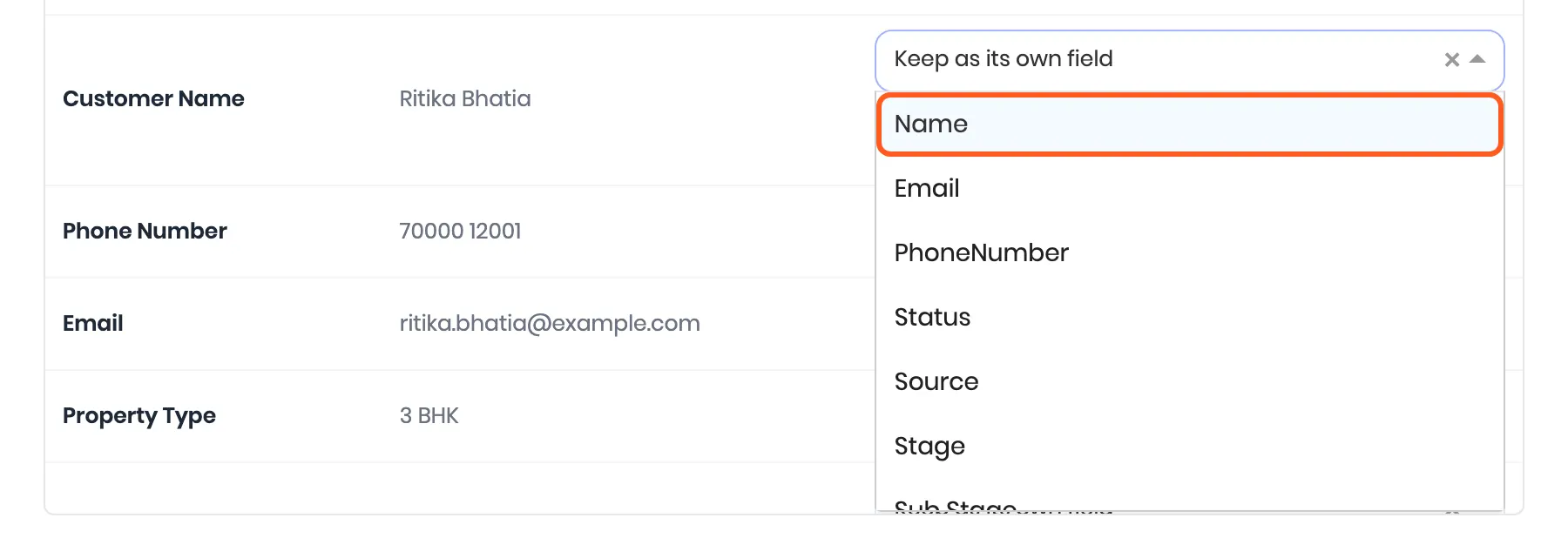 The Customer Name row with its list open: Name, Email, PhoneNumber, Status, Source, Stage. Outlined: Name