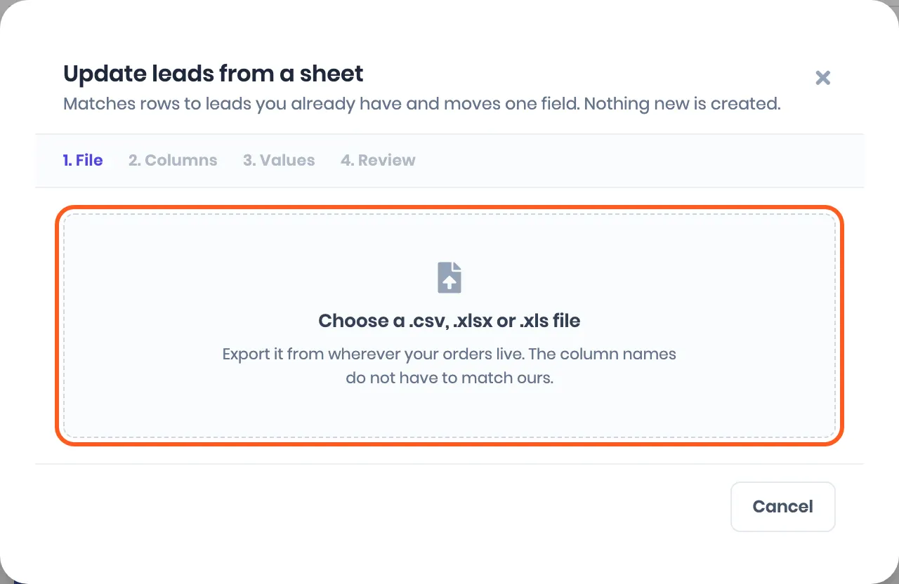 Update leads from a sheet, step 1. Outlined: Choose a .csv, .xlsx or .xls file