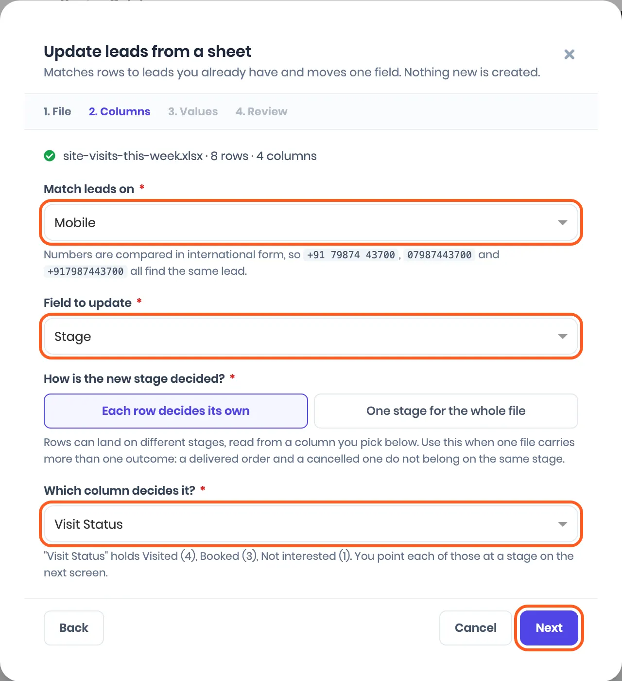 Step 2: Match leads on Mobile, Field to update Stage, Each row decides its own, and Visit Status as the column that decides it. Outlined: the three choices and Next