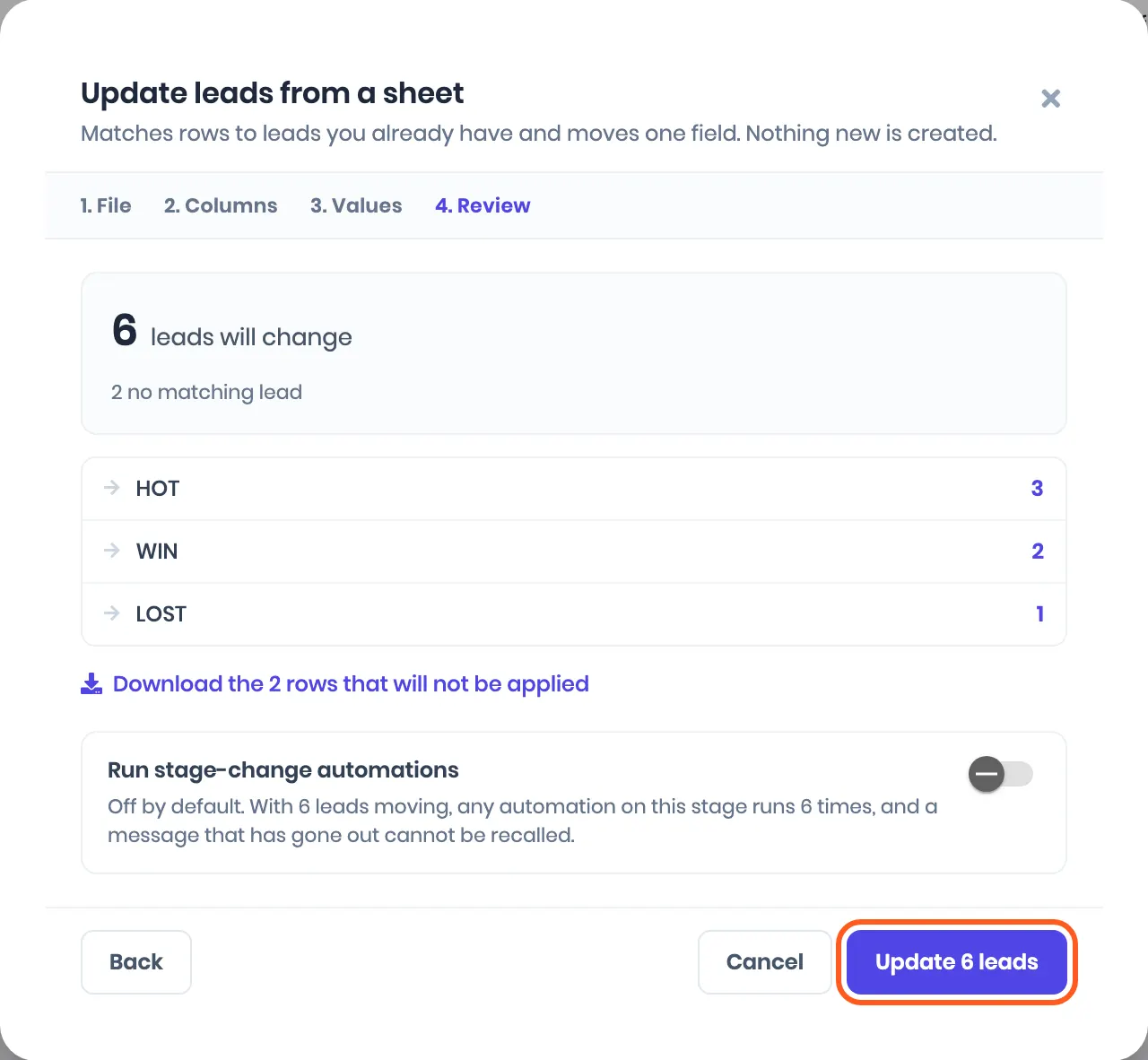 Step 4: 6 leads will change, 2 no matching lead, HOT 3, WIN 2, LOST 1, a link to download the 2 rows that will not be applied, and Run stage-change automations switched off. Outlined: Update 6 leads
