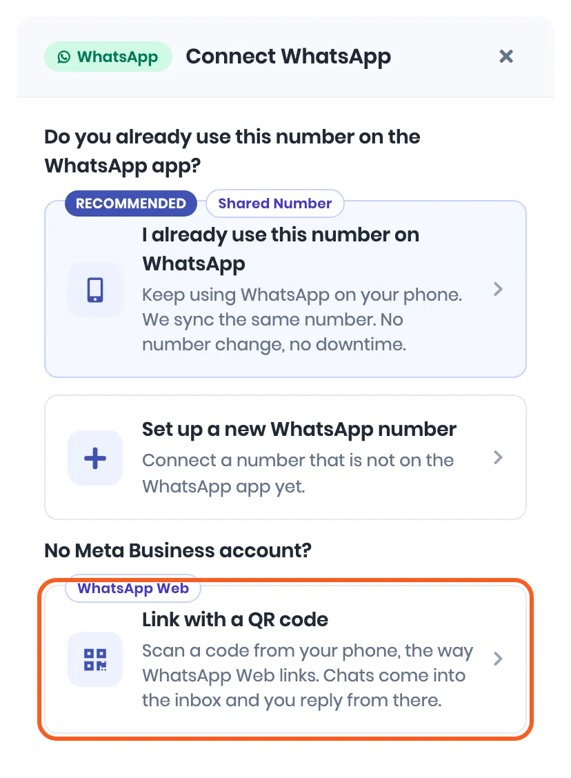 The Connect WhatsApp dialog with three options. Outlined: Link with a QR code, tagged WhatsApp Web, under No Meta Business account?
