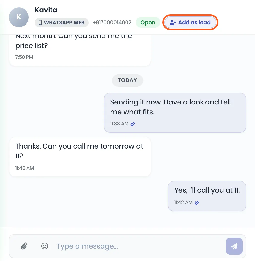 A chat with Kavita, marked WhatsApp Web and Open, with the conversation below. Outlined: Add as lead