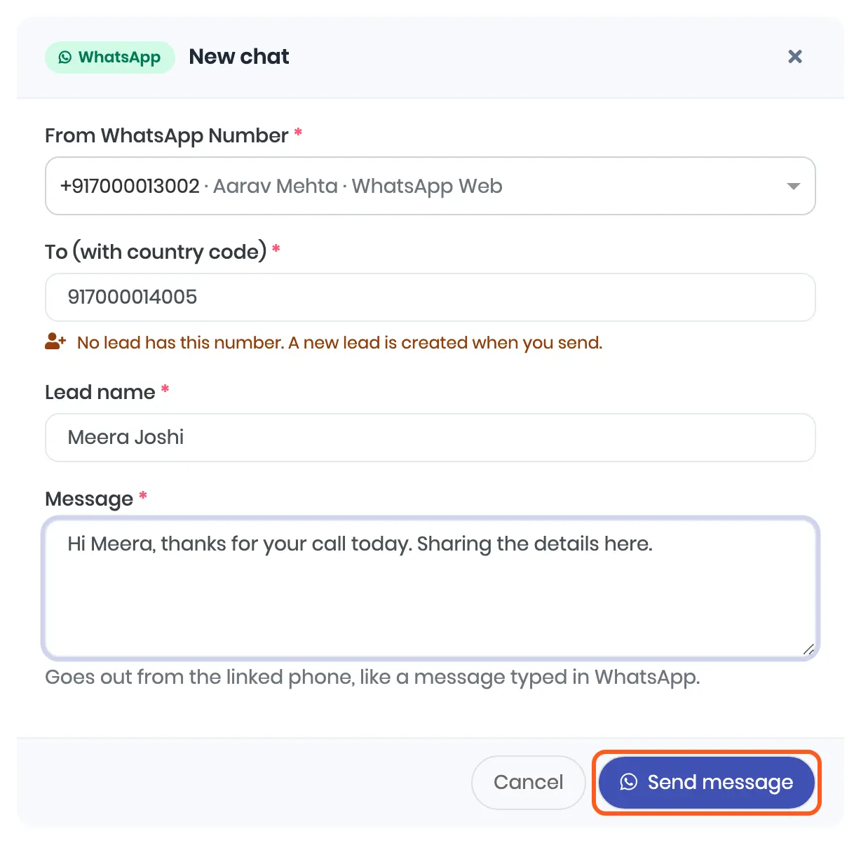 The New chat dialog sending from +917000013002, WhatsApp Web, to 917000014005: No lead has this number. A new lead is created when you send. Lead name Meera Joshi and a message. Outlined: Send message