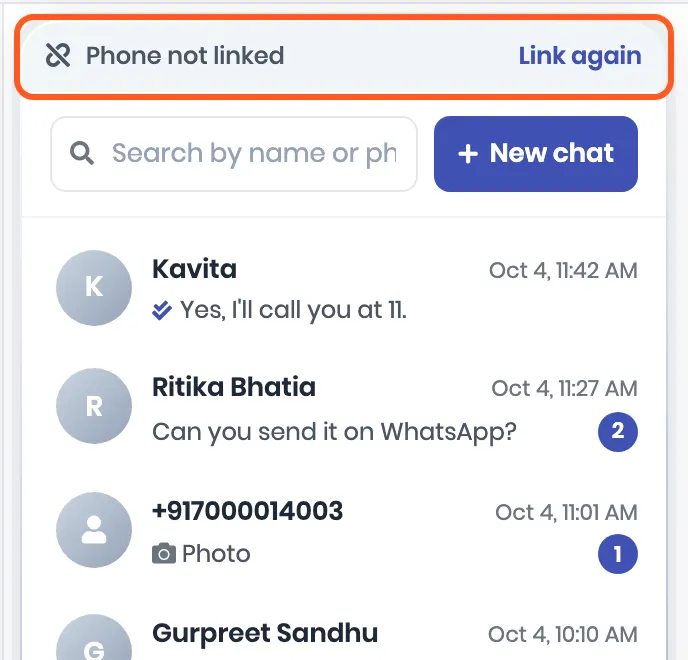 The inbox list with a grey frame and, on top, Phone not linked with Link again. Outlined: the Phone not linked bar