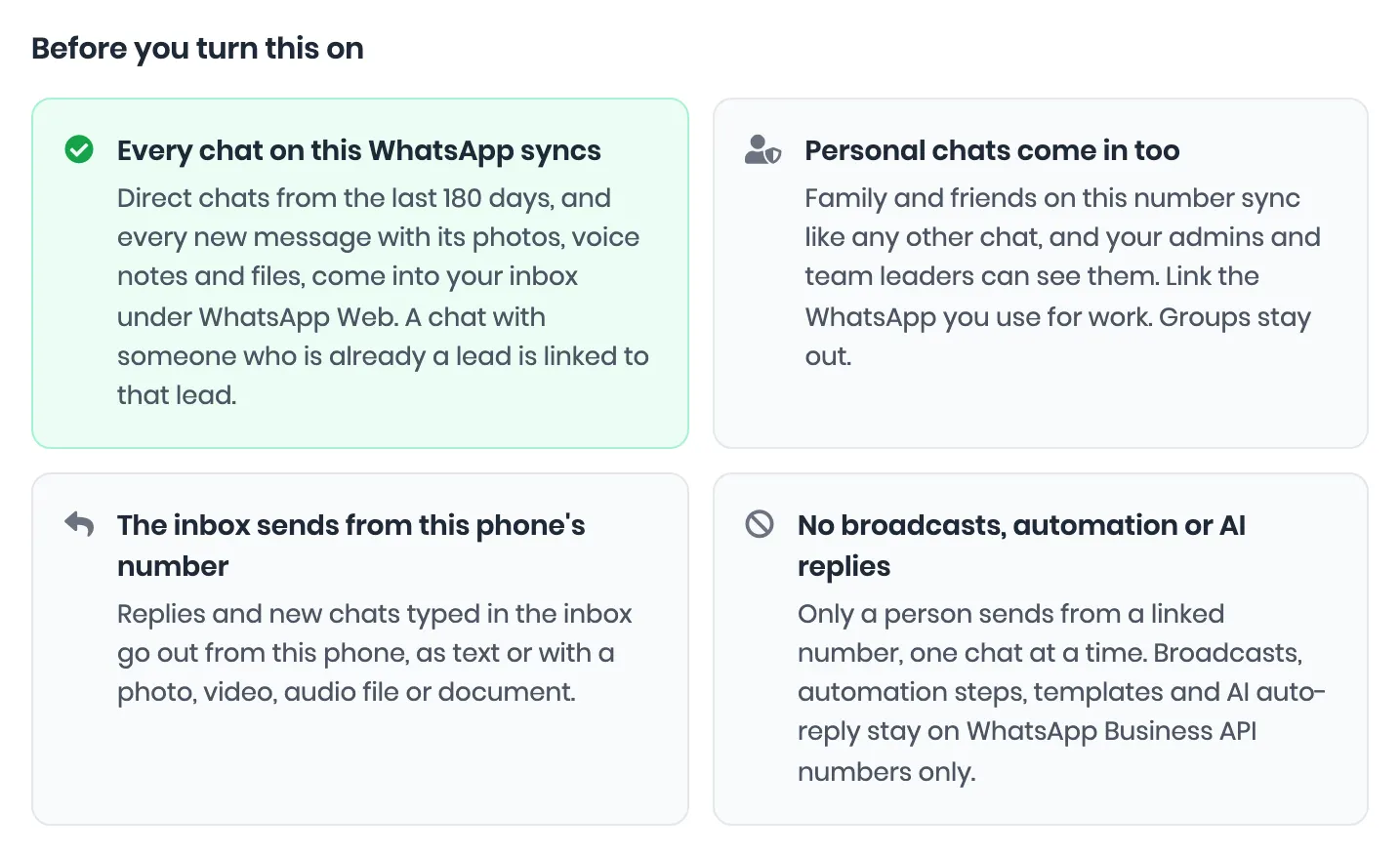 Before you turn this on, with four points: Every chat on this WhatsApp syncs, Personal chats come in too, The inbox sends from this phone’s number, and No broadcasts, automation or AI replies