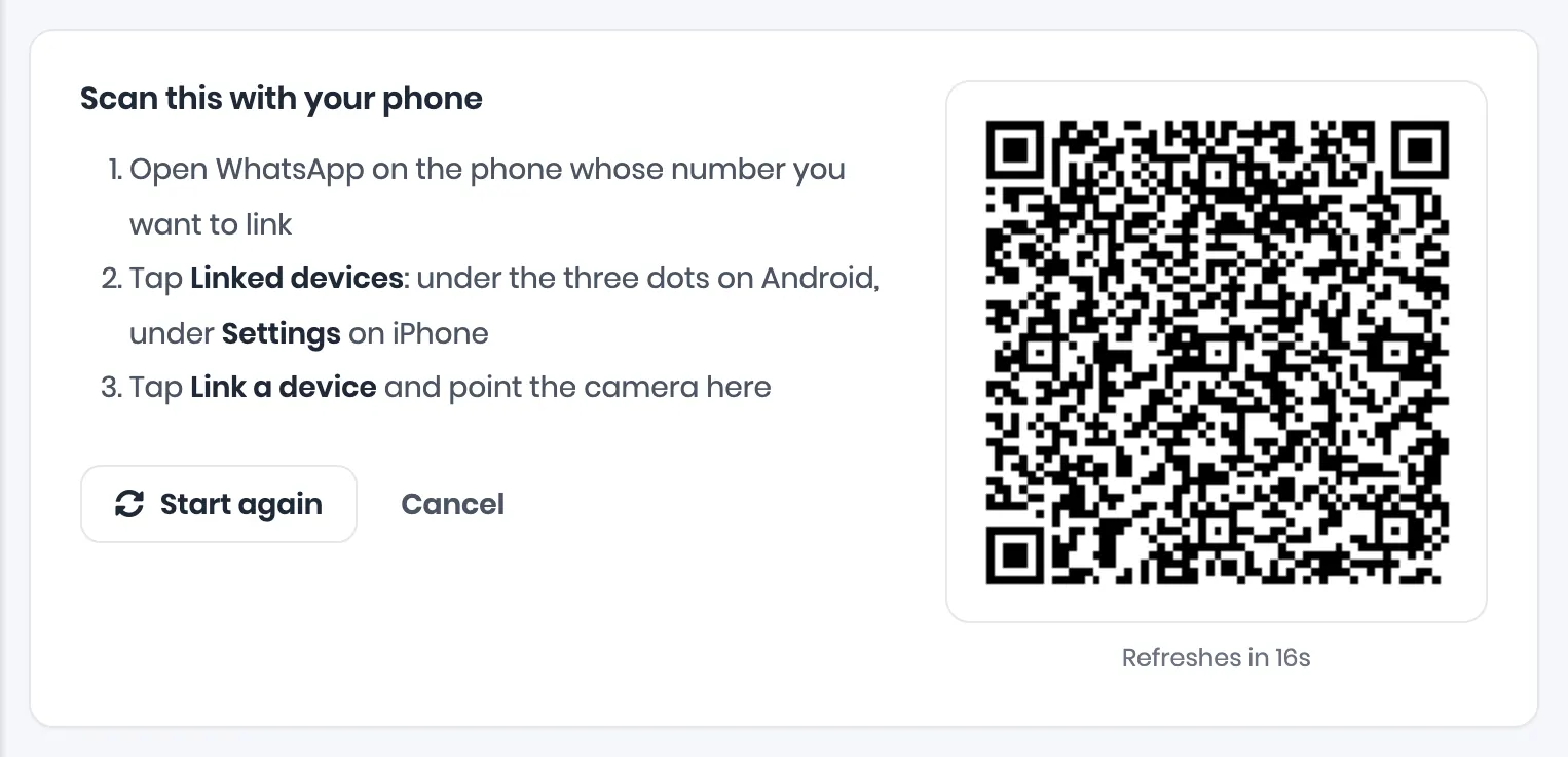 Scan this with your phone: three steps beside a QR code, and Refreshes in 16s under the code