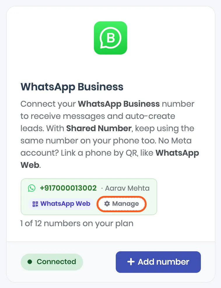 The WhatsApp Business card with the number +917000013002 labelled WhatsApp Web, and 1 of 12 numbers on your plan. Outlined: Manage