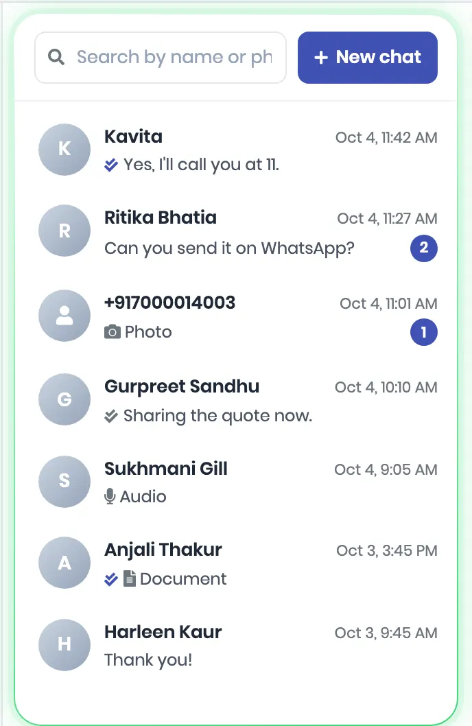 The inbox list framed like a phone, with chats, unread counts, and a Photo, an Audio and a Document in the previews