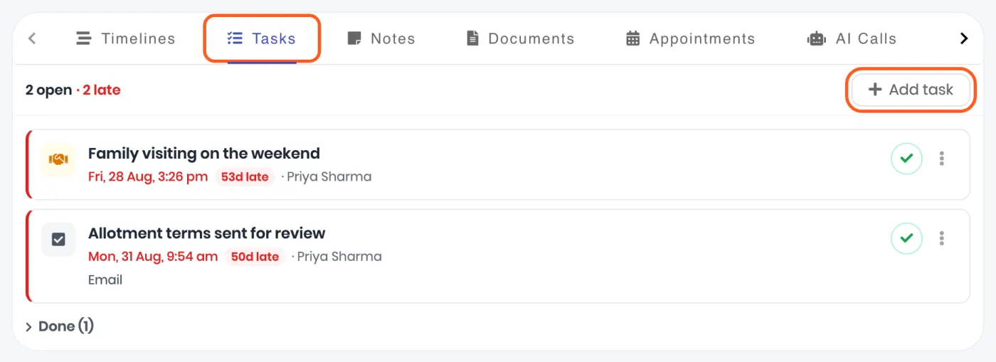 The Tasks tab on a lead page: 2 open, 2 late, a meeting and a to-do with their due times and who has them, and the Add task button. Outlined: the Tasks tab and Add task