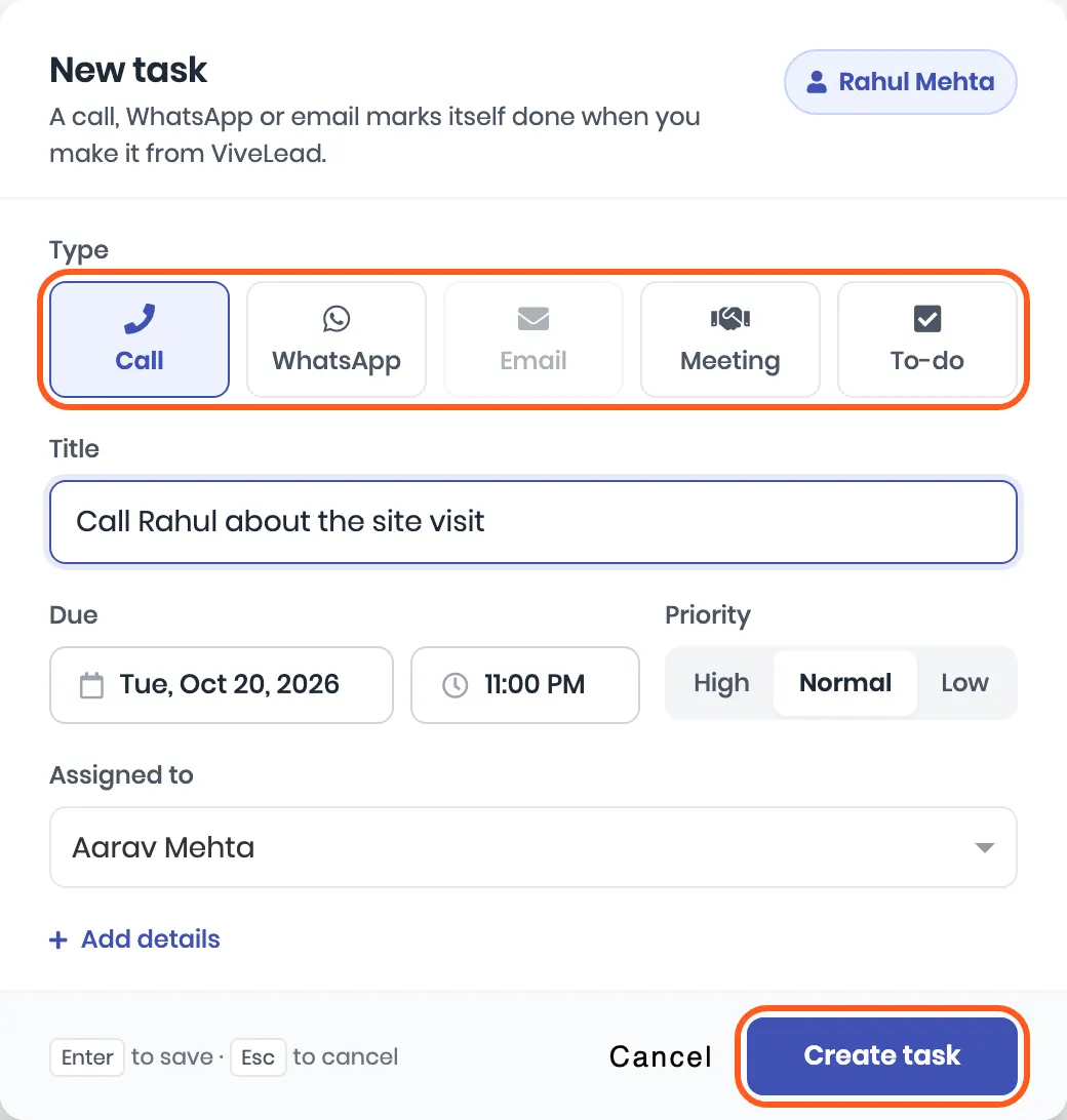 The New task dialog for Rahul Mehta: Type with Call selected and Email greyed out because the lead has no email, Title Call Rahul about the site visit, Due, Priority Normal, Assigned to, and Create task. Outlined: the type chips and Create task