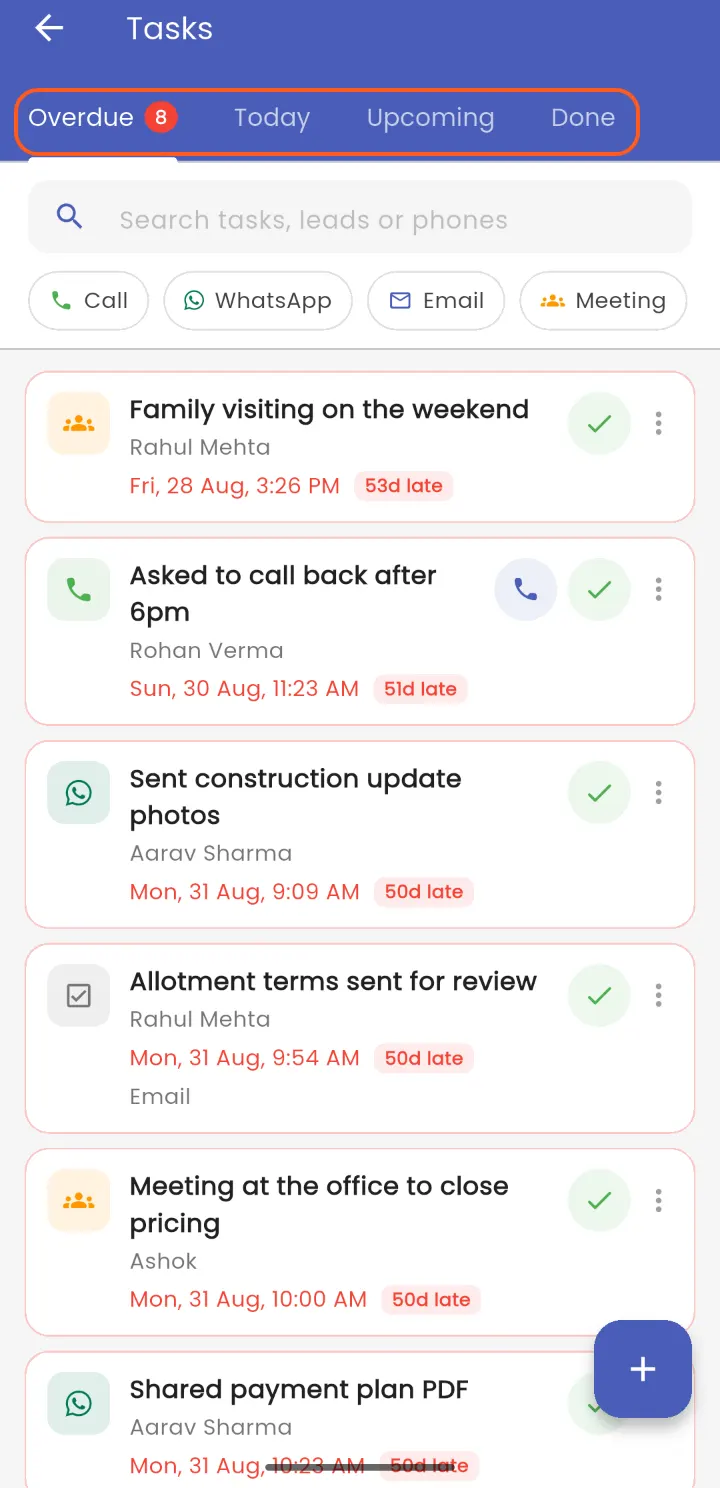 Tasks: Overdue, Today, Upcoming and Done