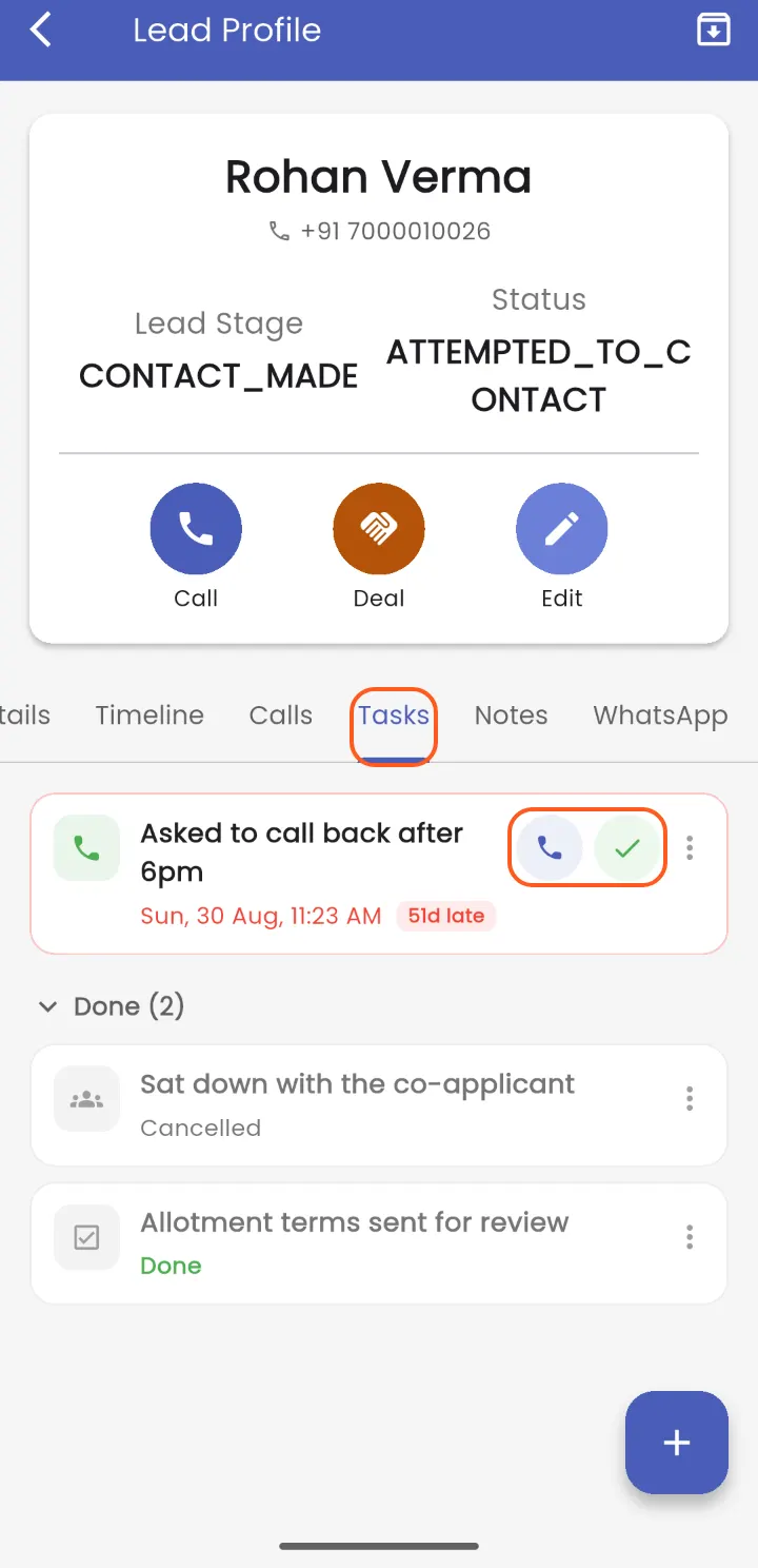 A lead's Tasks tab: call or tick from the row