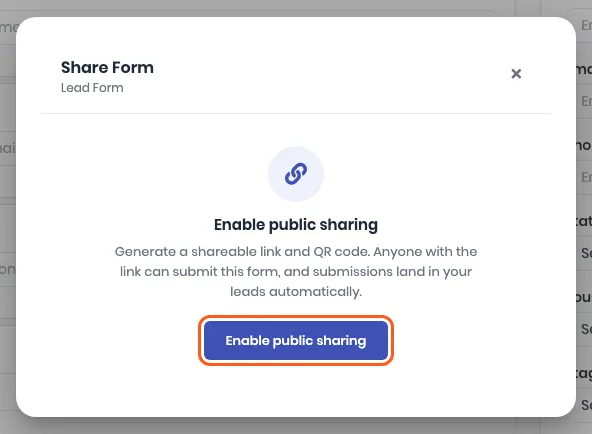 The Share Form dialog for the Lead Form with the Enable public sharing button outlined