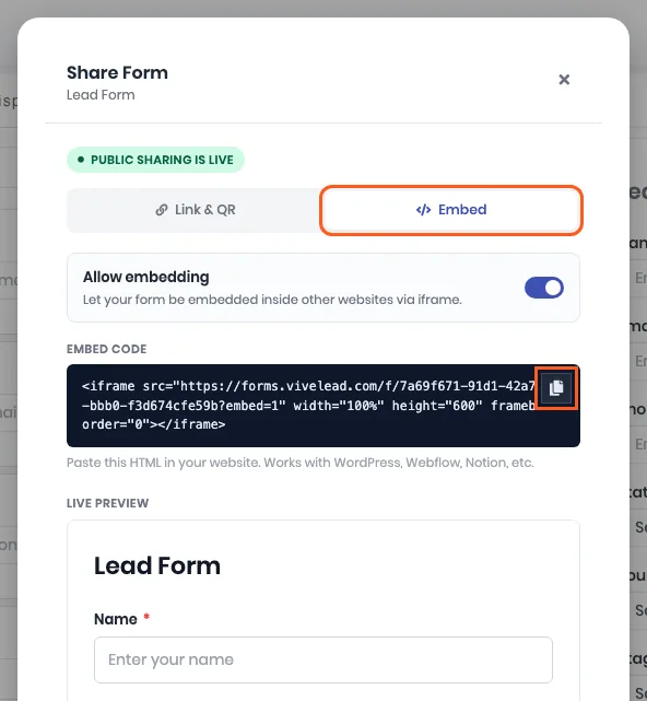 The Share Form dialog showing Public sharing is live. Outlined: the Embed tab and the copy button on the Embed Code box. Allow embedding is switched on and a live preview of the form sits below