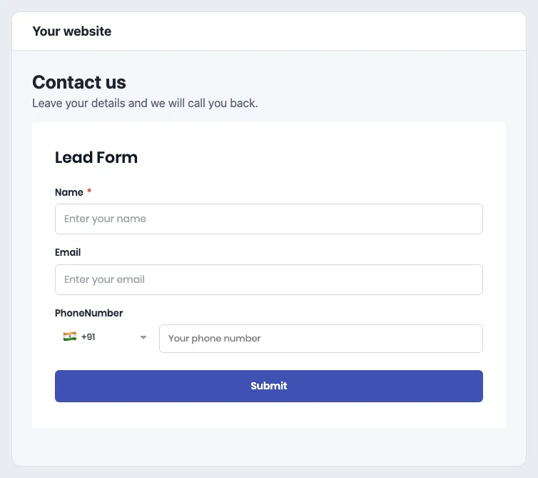A Contact us page on a website with the embedded lead form showing Name, Email and PhoneNumber fields and a Submit button