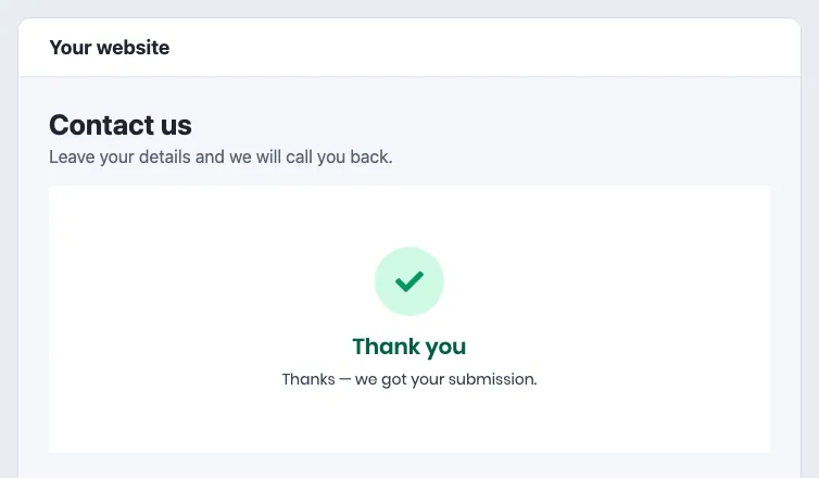The embedded form on the website showing Thank you after the enquiry was sent