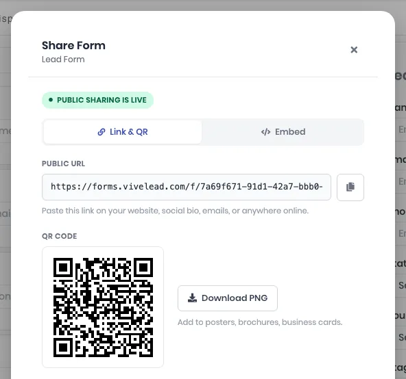 The Link & QR tab showing Public sharing is live, the public URL with a copy button, and a QR code with a Download PNG button