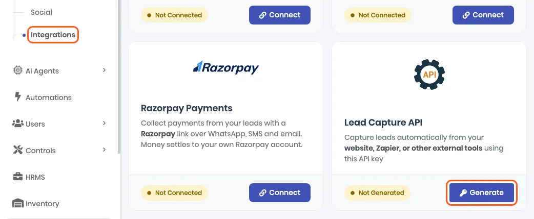 The Integrations page. Outlined: Integrations in the sidebar and the Generate button on the Lead Capture API card, which shows Not Generated