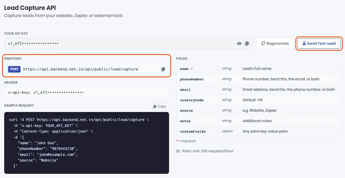 The API Docs tab with the API key hidden. Outlined: the Endpoint and the Send Test Lead button. The x-api-key header, a sample request and the list of fields are also shown