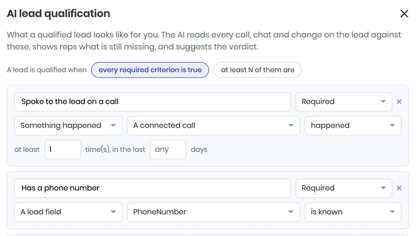 The top of the AI lead qualification dialog: A lead is qualified when, with every required criterion is true selected and at least N of them are beside it, above the first two criteria