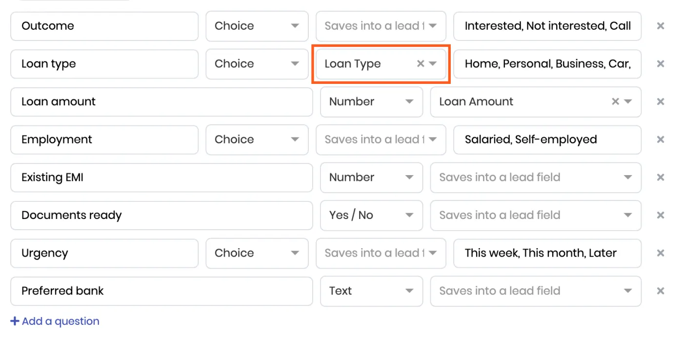 The Summary format editor with the Loan DSA questions: each row has the question, its type, Saves into a lead field, and options. Loan type saves into Loan Type and Loan amount into Loan Amount; the others are not bound. Outlined: the Saves into field of Loan type