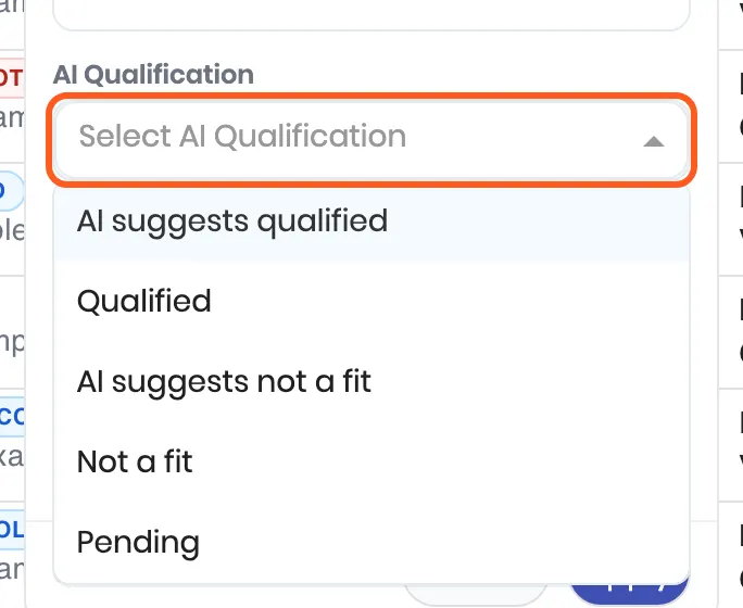 The leads list Filter panel with the AI Qualification dropdown open: AI suggests qualified, Qualified, AI suggests not a fit, Not a fit, Pending. Outlined: the AI Qualification dropdown